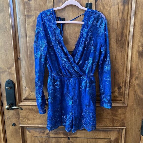 Bebe Royal Blue Hand Embellished Scalloped Romper Size Medium NWT - Picture 9 of 16